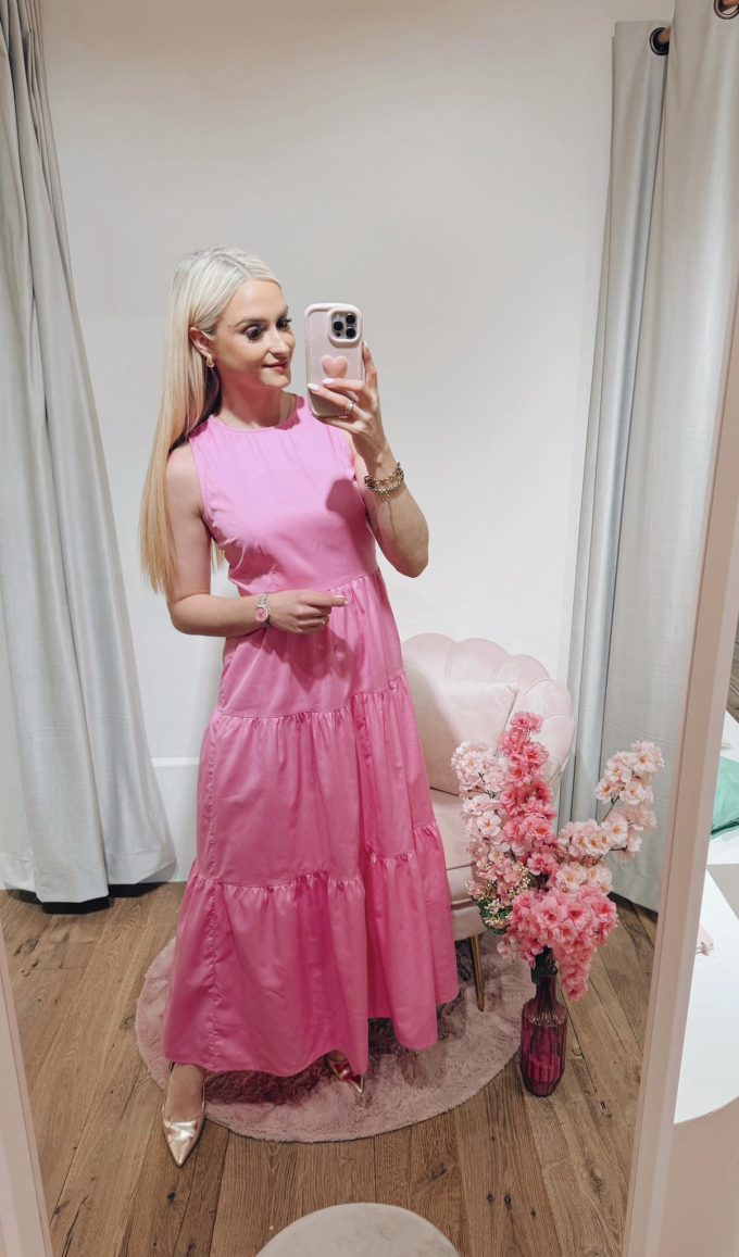 Long pink dress.