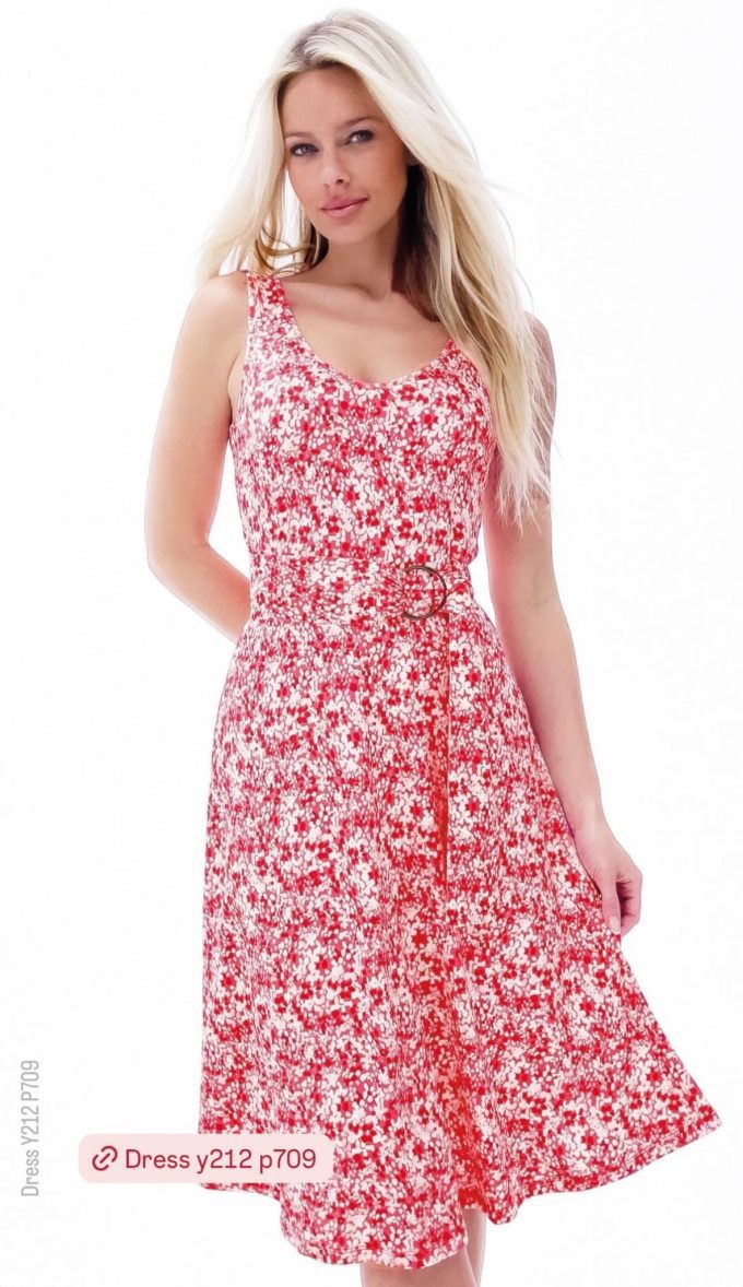 V-hals jurk met bloemen & riem.