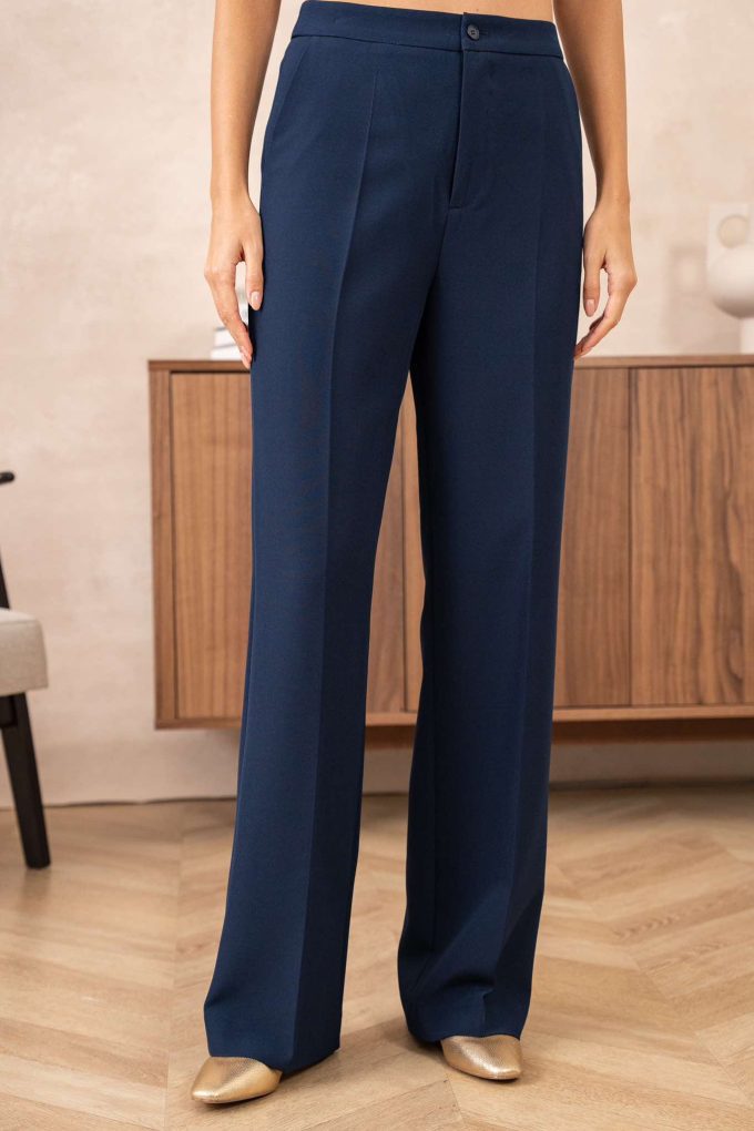 Straight leg trousers.